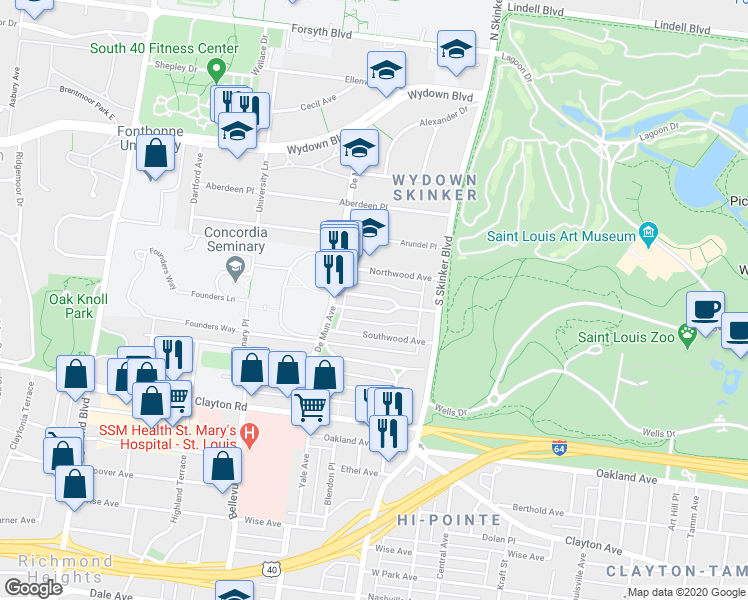 map of restaurants, bars, coffee shops, grocery stores, and more near 6308 South Rosebury Avenue in Clayton