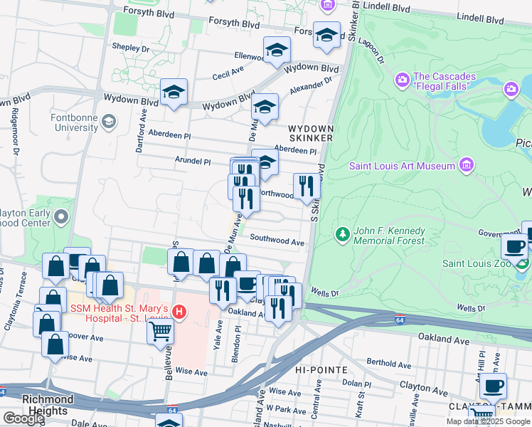 map of restaurants, bars, coffee shops, grocery stores, and more near 6308 South Rosebury Avenue in Clayton