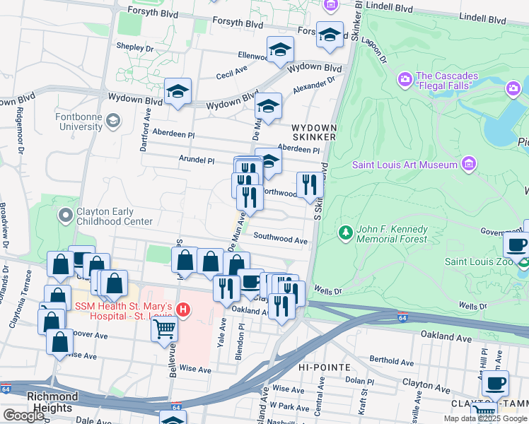 map of restaurants, bars, coffee shops, grocery stores, and more near 6308 South Rosebury Avenue in Clayton