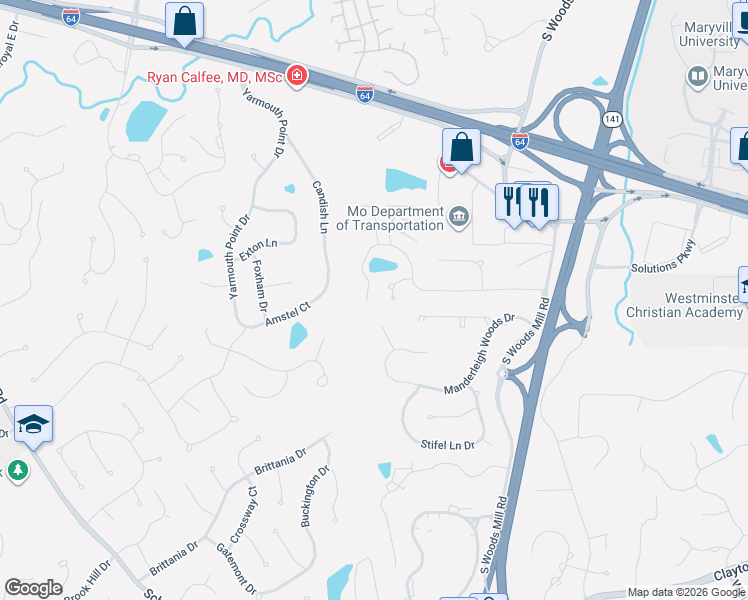 map of restaurants, bars, coffee shops, grocery stores, and more near 1601 Stifel Woods Drive in Chesterfield