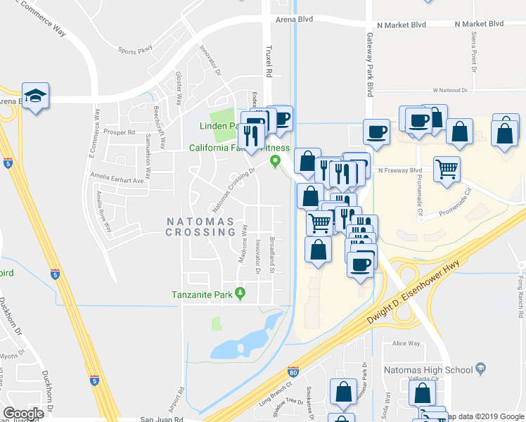 map of restaurants, bars, coffee shops, grocery stores, and more near 3842 Innovator Drive in Sacramento