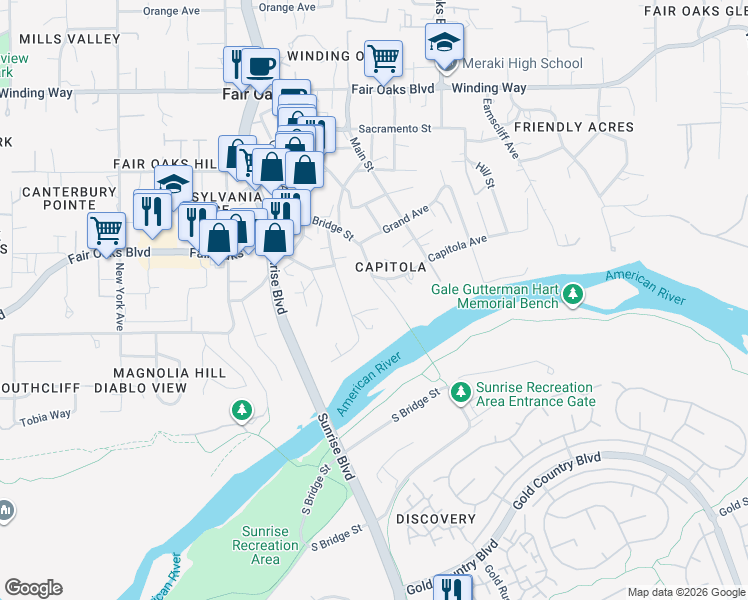 map of restaurants, bars, coffee shops, grocery stores, and more near 3960 Ridge Street in Fair Oaks