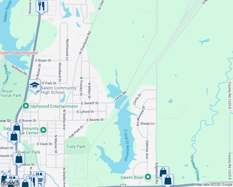 map of restaurants, bars, coffee shops, grocery stores, and more near 1601 Old Yards Road in Salem