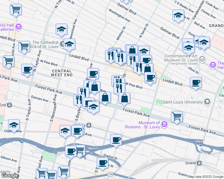 map of restaurants, bars, coffee shops, grocery stores, and more near 4100 Laclede Avenue in St. Louis
