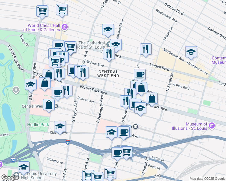 map of restaurants, bars, coffee shops, grocery stores, and more near 4376 Forest Park Avenue in St. Louis