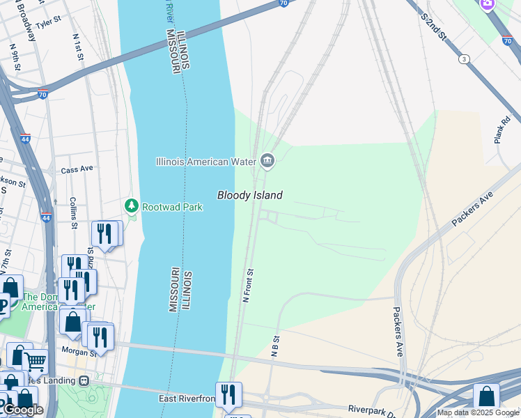 map of restaurants, bars, coffee shops, grocery stores, and more near 550 North Front Street in East St. Louis