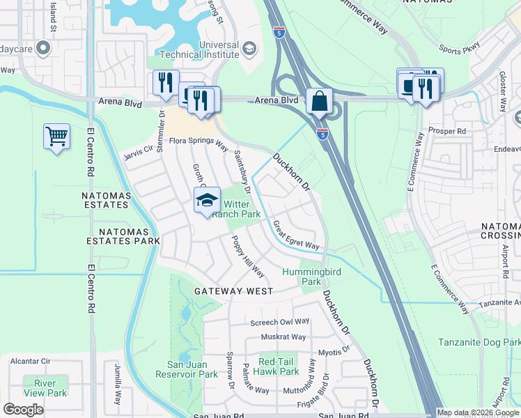 map of restaurants, bars, coffee shops, grocery stores, and more near 3758 Far Niente Way in Sacramento