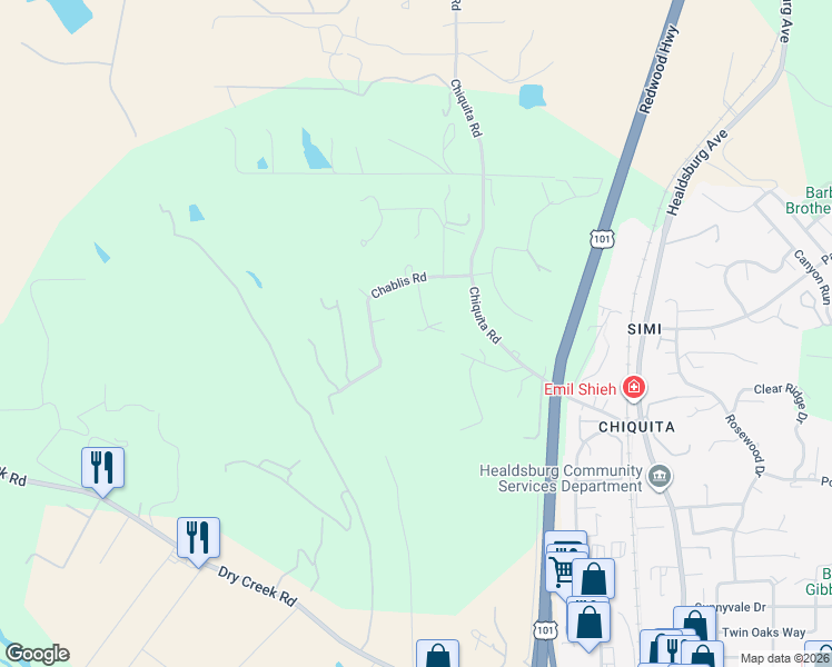 map of restaurants, bars, coffee shops, grocery stores, and more near Hassett Road in Healdsburg