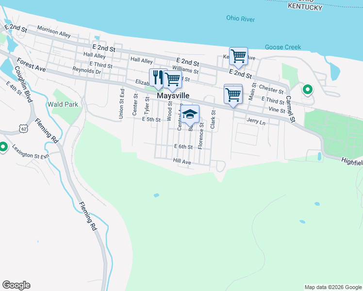 map of restaurants, bars, coffee shops, grocery stores, and more near 2 Buckner Street in Maysville