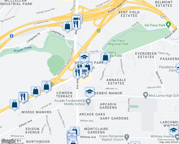 map of restaurants, bars, coffee shops, grocery stores, and more near 3546 Auburn Boulevard in Sacramento