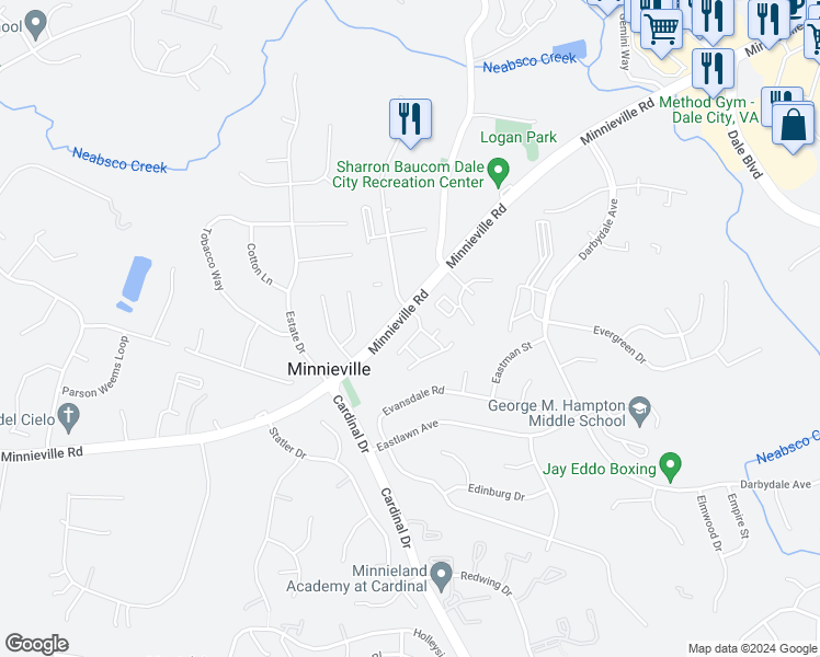 map of restaurants, bars, coffee shops, grocery stores, and more near 4710 Dane Ridge Circle in Dale City