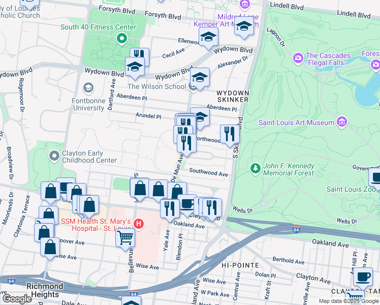 map of restaurants, bars, coffee shops, grocery stores, and more near 6332 North Rosebury Avenue in St. Louis