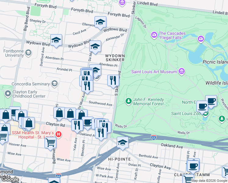 map of restaurants, bars, coffee shops, grocery stores, and more near 6227 Northwood Avenue in St. Louis
