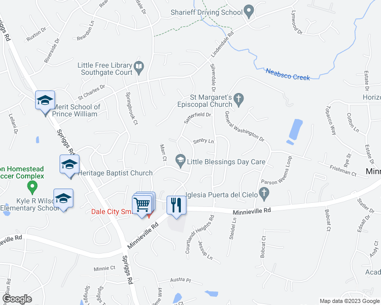 map of restaurants, bars, coffee shops, grocery stores, and more near 14692 Stratford Drive in Woodbridge