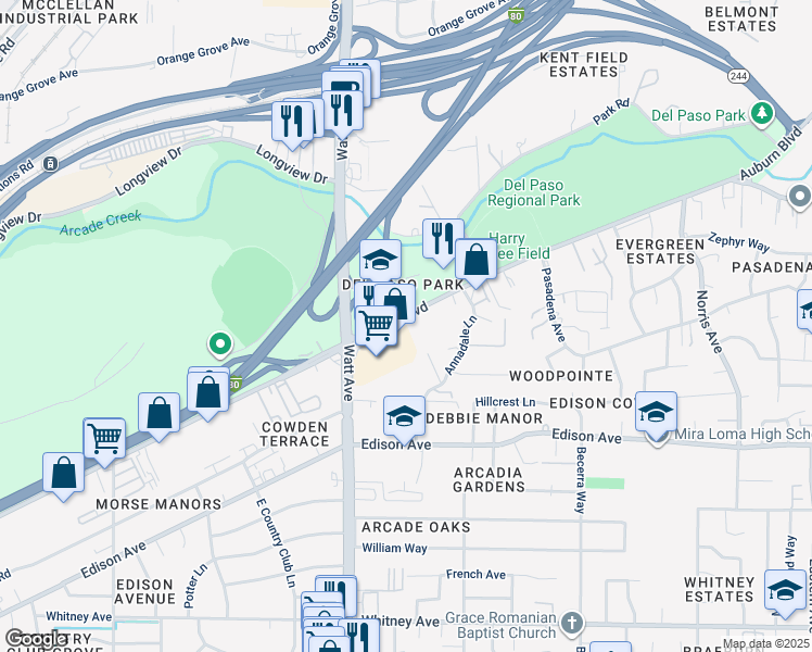 map of restaurants, bars, coffee shops, grocery stores, and more near 3544 Auburn Boulevard in Sacramento