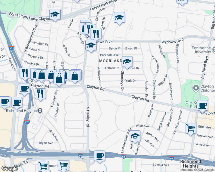 map of restaurants, bars, coffee shops, grocery stores, and more near 7545 Cromwell Dr in St Louis
