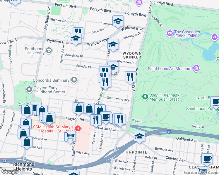 map of restaurants, bars, coffee shops, grocery stores, and more near 6322 North Rosebury Avenue in Clayton