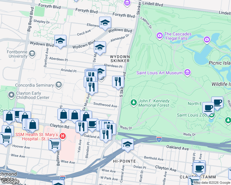 map of restaurants, bars, coffee shops, grocery stores, and more near 6227 Northwood Avenue in St. Louis