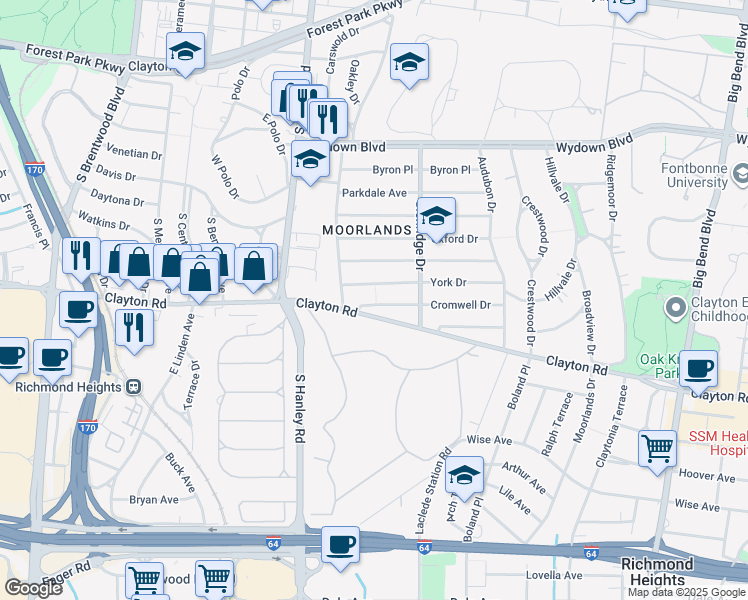 map of restaurants, bars, coffee shops, grocery stores, and more near 7543 Cromwell Drive in St. Louis