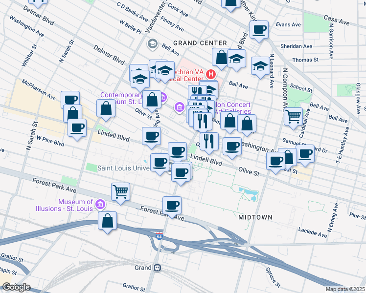 map of restaurants, bars, coffee shops, grocery stores, and more near in St. Louis