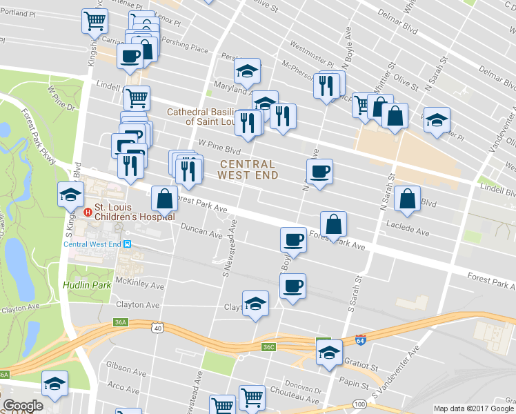 map of restaurants, bars, coffee shops, grocery stores, and more near 4394 Laclede Avenue in St. Louis