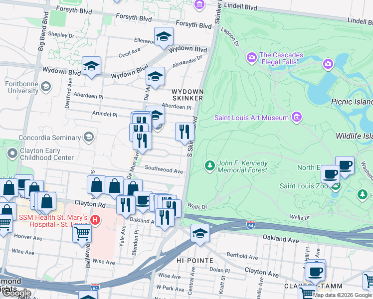 map of restaurants, bars, coffee shops, grocery stores, and more near 6227 Northwood Avenue in St. Louis