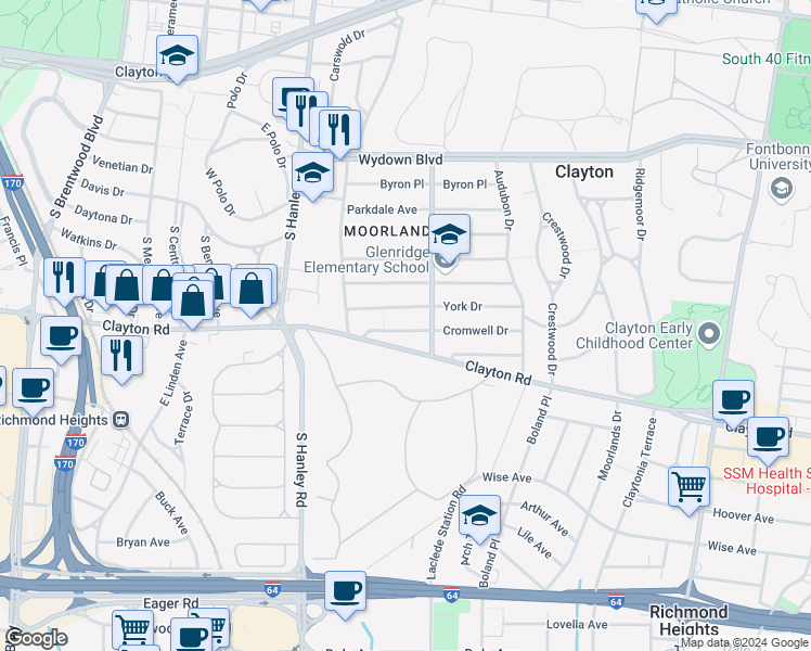 map of restaurants, bars, coffee shops, grocery stores, and more near 7535 York Drive in Clayton