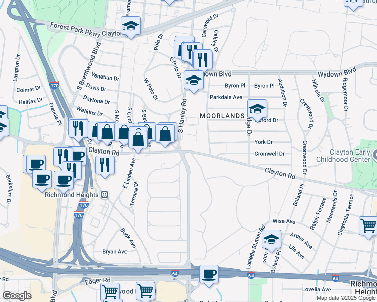 map of restaurants, bars, coffee shops, grocery stores, and more near 900 South Hanley Road in Clayton
