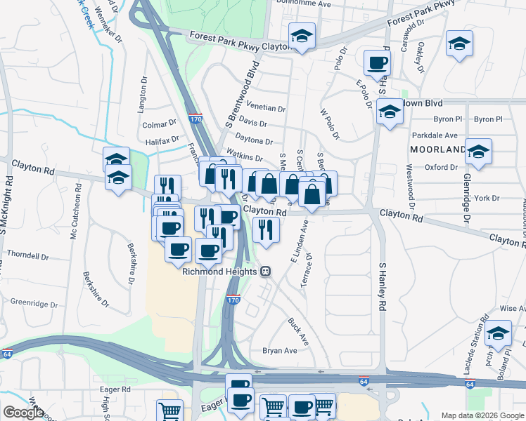 map of restaurants, bars, coffee shops, grocery stores, and more near 8006 Seminole Place in Clayton