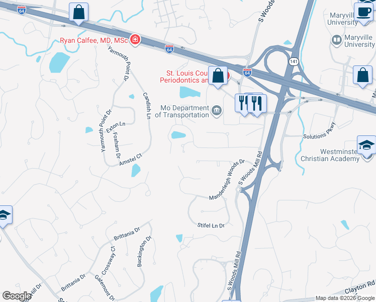 map of restaurants, bars, coffee shops, grocery stores, and more near 621 Aspen Ridge Court in Chesterfield