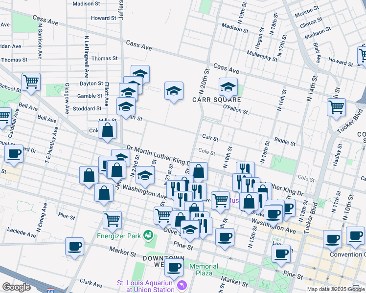 map of restaurants, bars, coffee shops, grocery stores, and more near 2000-2098 Carr St in St Louis