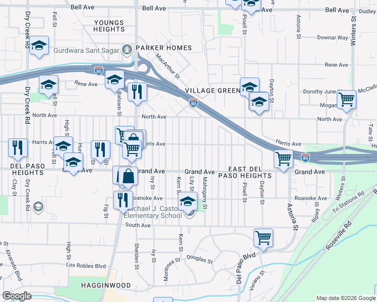 map of restaurants, bars, coffee shops, grocery stores, and more near 3837 Lily Street in Sacramento