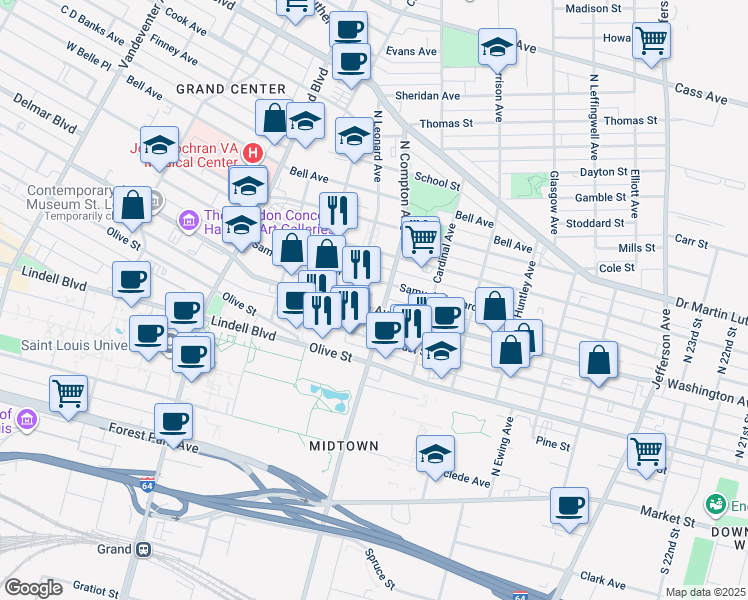 map of restaurants, bars, coffee shops, grocery stores, and more near 3201 Samuel Shepard Drive in St. Louis