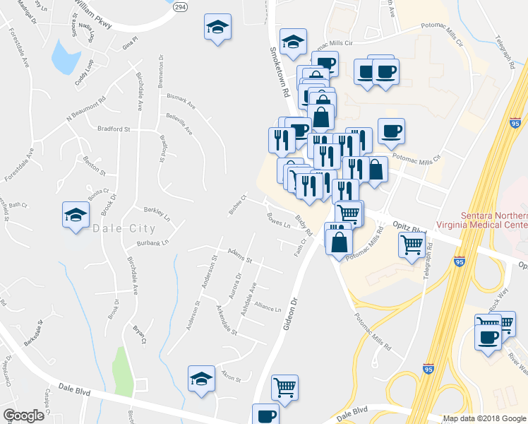 map of restaurants, bars, coffee shops, grocery stores, and more near 2893 Bowes Lane in Woodbridge