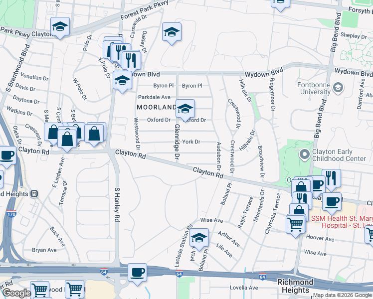 map of restaurants, bars, coffee shops, grocery stores, and more near 7447 York Drive in Clayton
