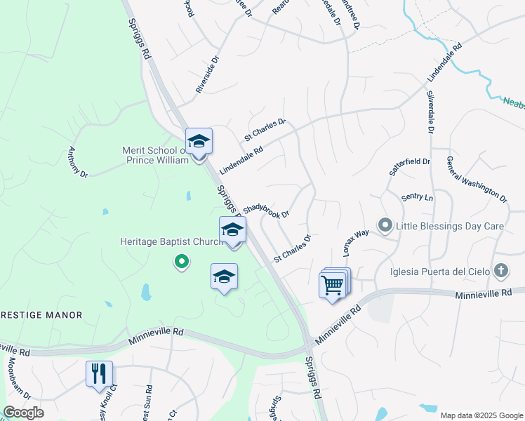 map of restaurants, bars, coffee shops, grocery stores, and more near 5670 Saffron Lane in Woodbridge