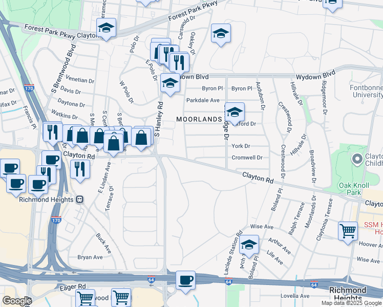 map of restaurants, bars, coffee shops, grocery stores, and more near 7563 Clayton Road in Clayton