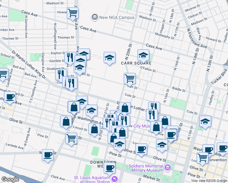map of restaurants, bars, coffee shops, grocery stores, and more near 909 North 20th Street in St. Louis