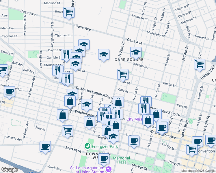 map of restaurants, bars, coffee shops, grocery stores, and more near 909 North 20th Street in St. Louis