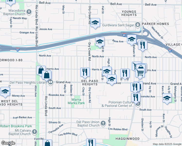 map of restaurants, bars, coffee shops, grocery stores, and more near 3901 Dry Creek Road in Sacramento