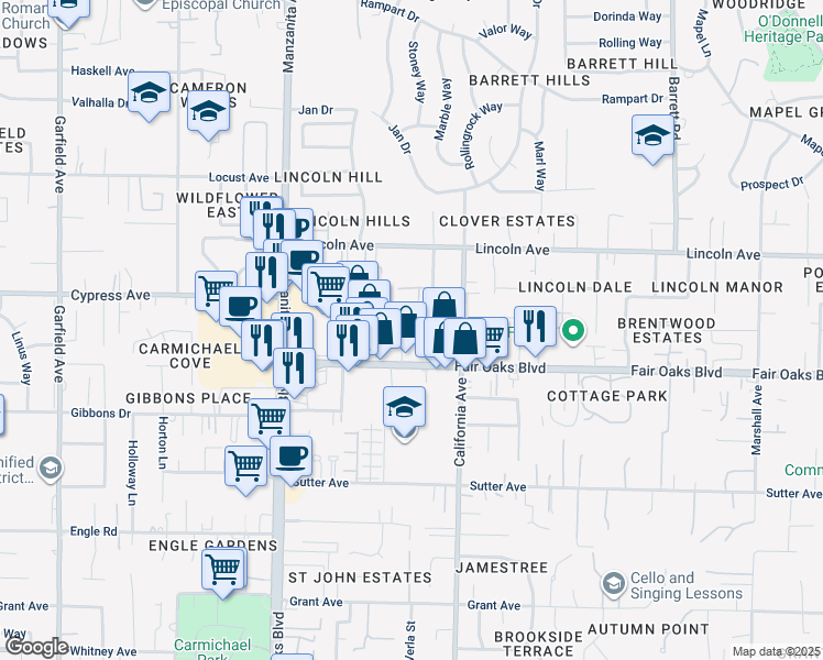map of restaurants, bars, coffee shops, grocery stores, and more near 4052 Leos Lane in Carmichael