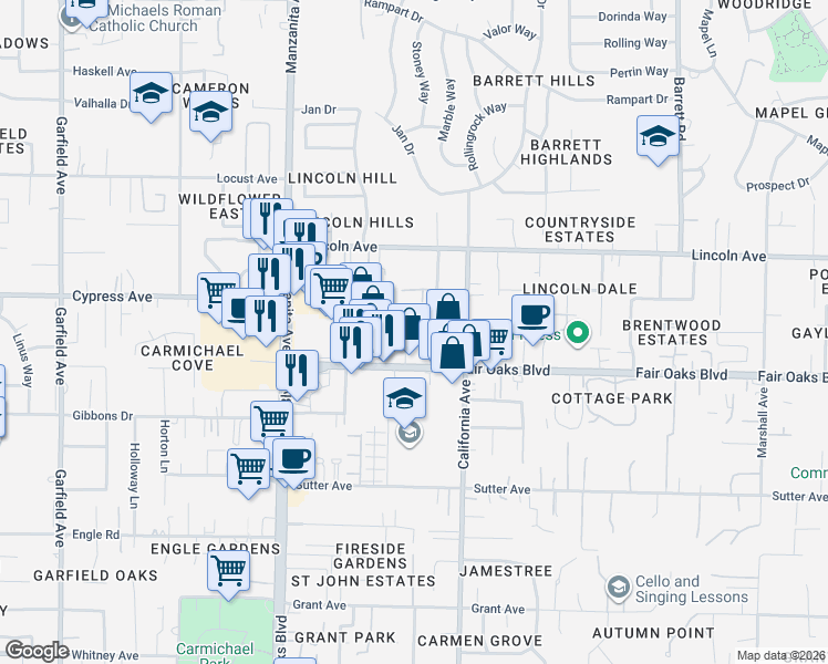 map of restaurants, bars, coffee shops, grocery stores, and more near 4052 Leos Lane in Carmichael