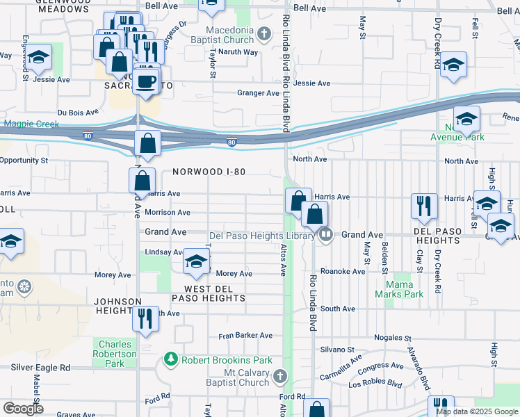 map of restaurants, bars, coffee shops, grocery stores, and more near 724 Harris Avenue in Sacramento