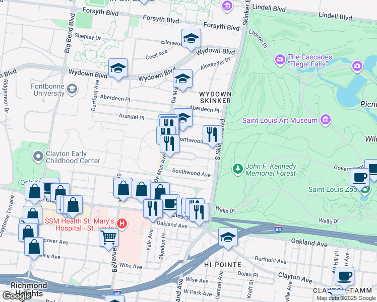 map of restaurants, bars, coffee shops, grocery stores, and more near 6310 Northwood Avenue in Clayton