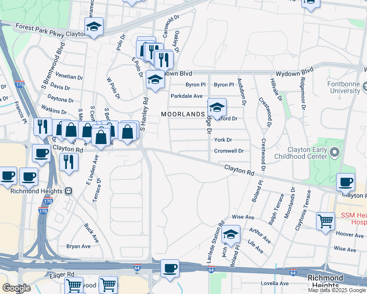 map of restaurants, bars, coffee shops, grocery stores, and more near 7535 York Drive in Clayton