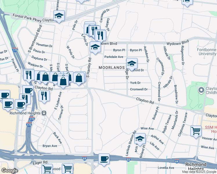 map of restaurants, bars, coffee shops, grocery stores, and more near 7571 York Drive in Clayton