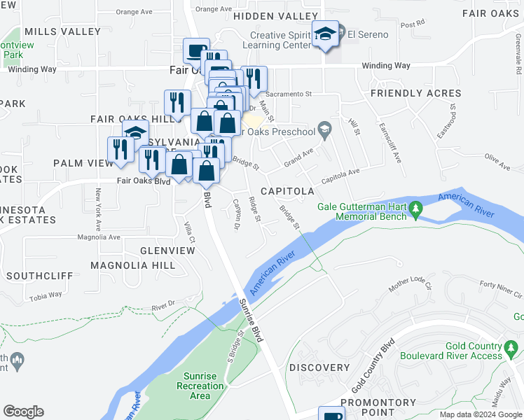 map of restaurants, bars, coffee shops, grocery stores, and more near 4011 Bridge Street in Fair Oaks