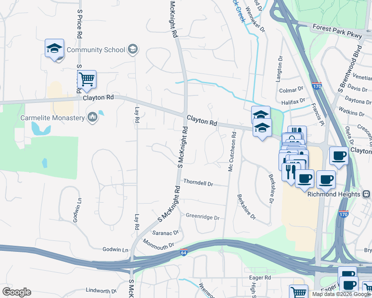 map of restaurants, bars, coffee shops, grocery stores, and more near 1068 McKnight Orchard Lane in Richmond Heights