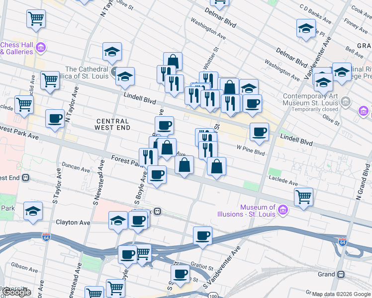 map of restaurants, bars, coffee shops, grocery stores, and more near 4204 West Pine Boulevard in St. Louis
