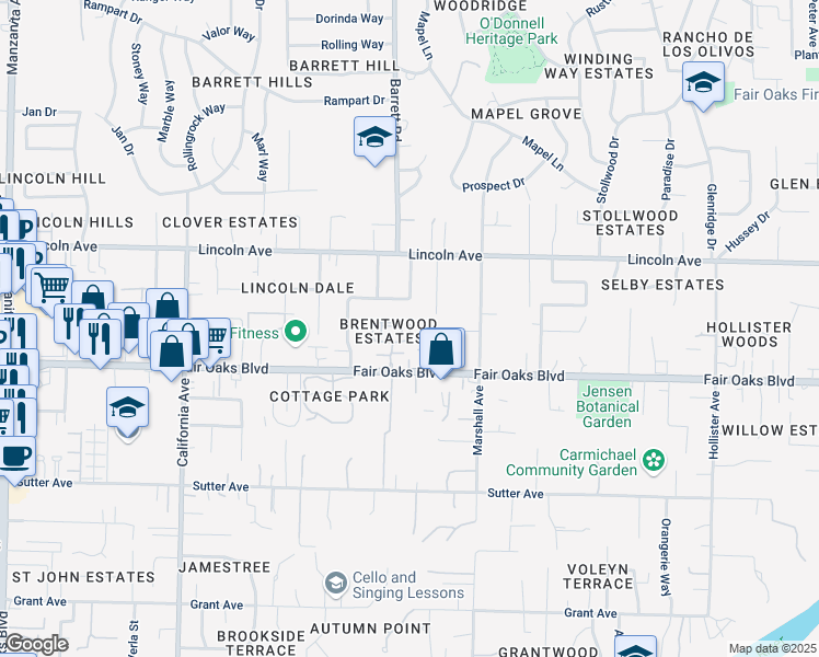 map of restaurants, bars, coffee shops, grocery stores, and more near 4048 Alex Lane in Carmichael
